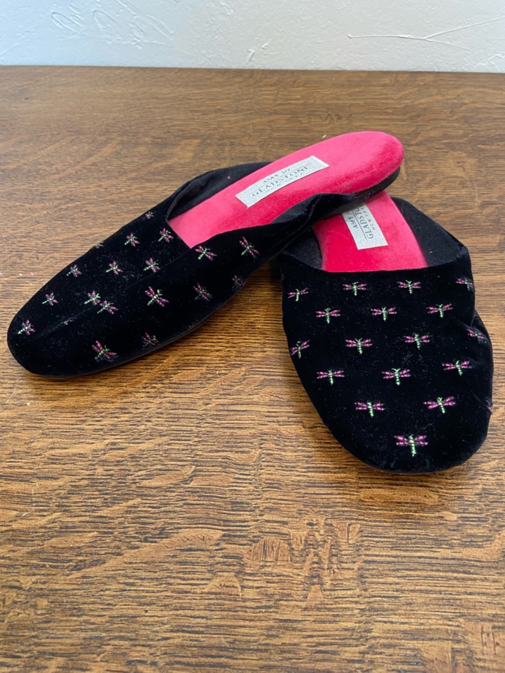 AMY JO GLADSTONE EMBROIDERED DRAGONFLY VELVET SLIP ON LUXE SANDAL SLIPPERS